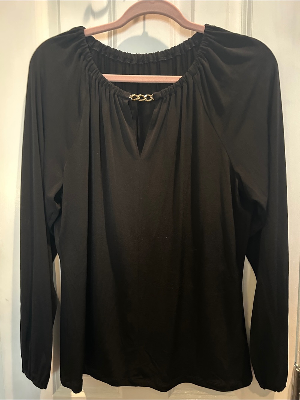Michael Kors Elegant Black Long-Sleeve Blouse with Gold Chain Detail
